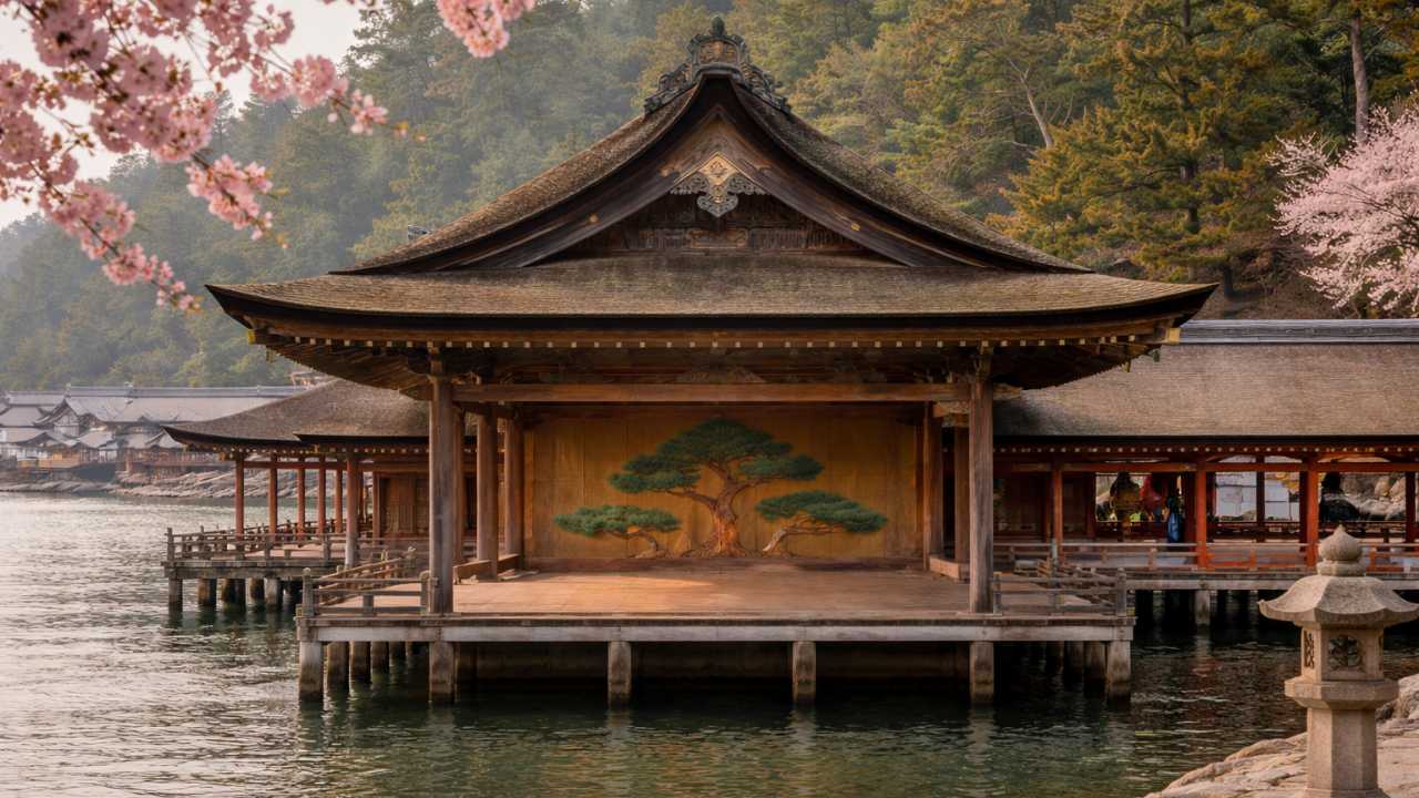 嚴島神社の能舞台を正面から捉えた春の宮島