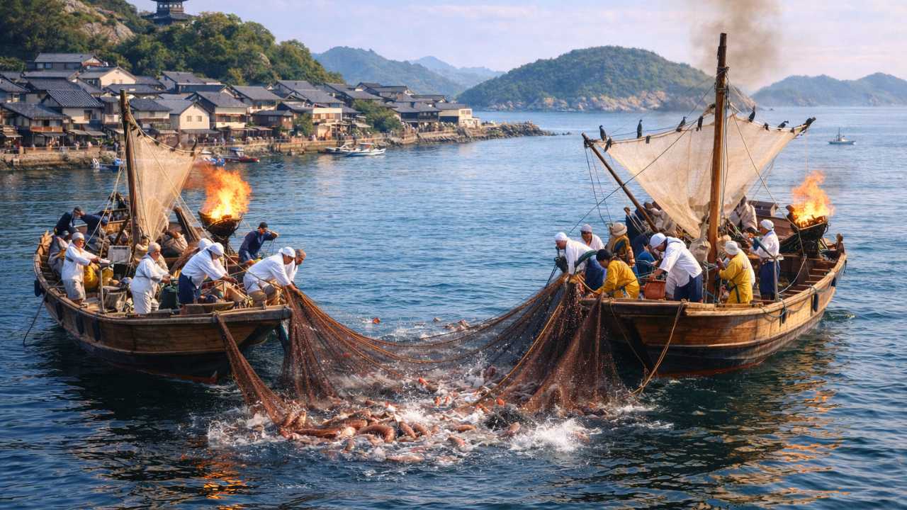 鞆の浦に約380年伝わる鯛しばり網漁法の迫力ある場面