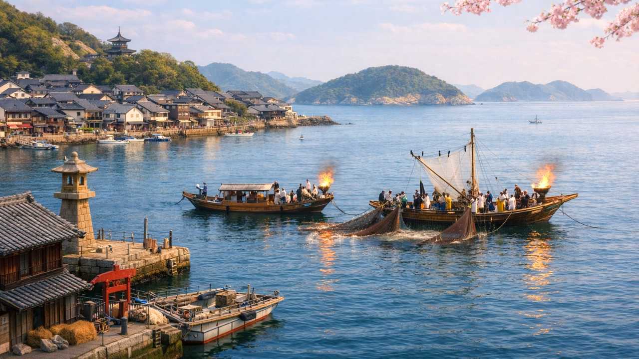 春の鞆の浦、瀬戸内海の穏やかな海、観光鯛網の船が海上に浮かび、手前に港町らしい風景