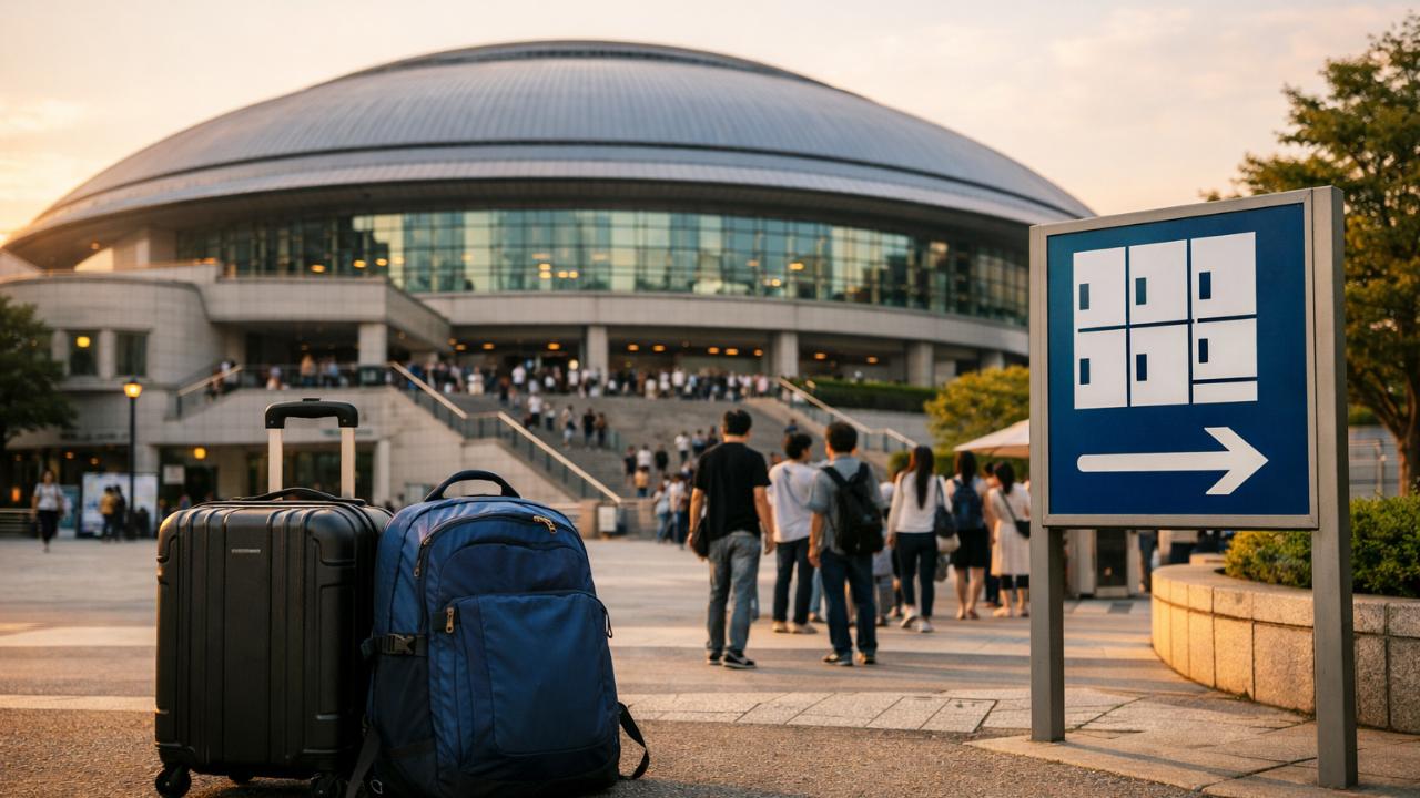広島グリーンアリーナ周辺でライブ前に荷物預けを検討している雰囲気を表現した実写風ビジュアル