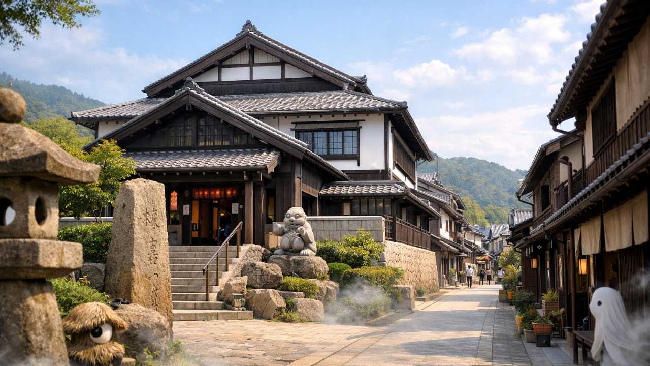 広島県三次市の三次もののけミュージアムを舞台にした旅行ブログ用アイキャッチ、和風建築の博物館外観と三次町の落ち着いた街並み