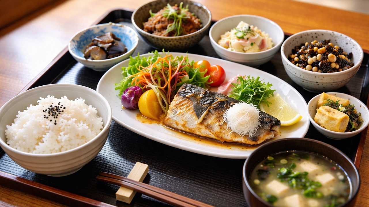 交流館内のはなうた食堂で提供される魚中心のランチ、小鉢が並ぶ丁寧な定食、自然光、食欲をそそる構図
