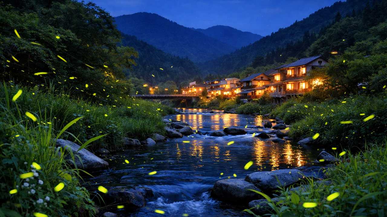 広島の初夏の夜、清流沿いの里山に無数のホタルが舞っている幻想的な風景