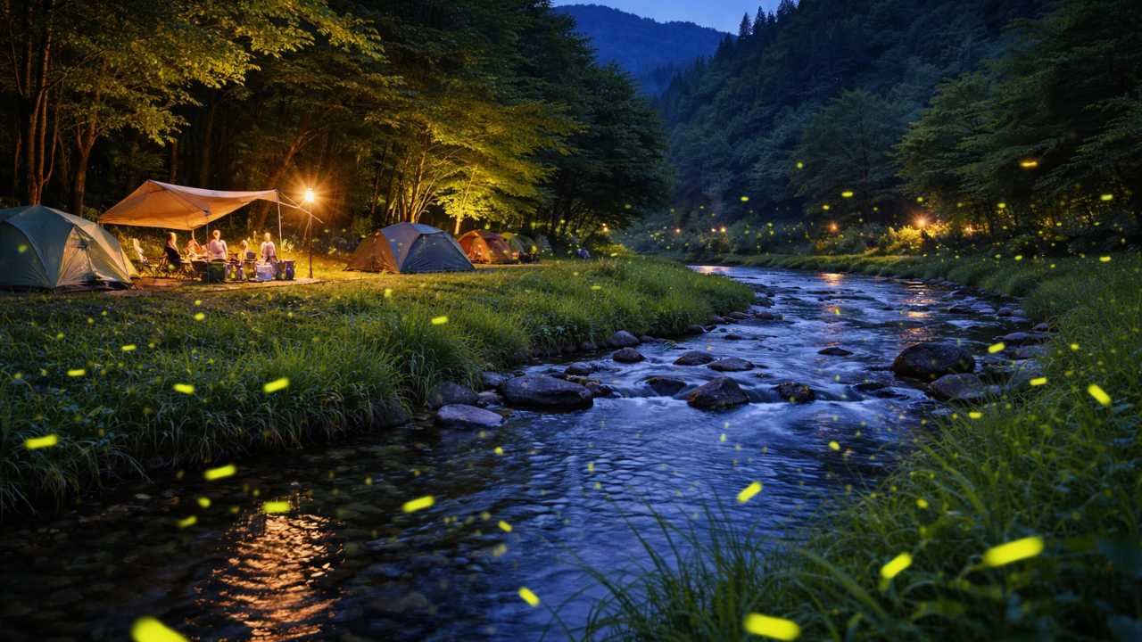 ほたる見公園の清流沿いキャンプ場をイメージした実写風写真