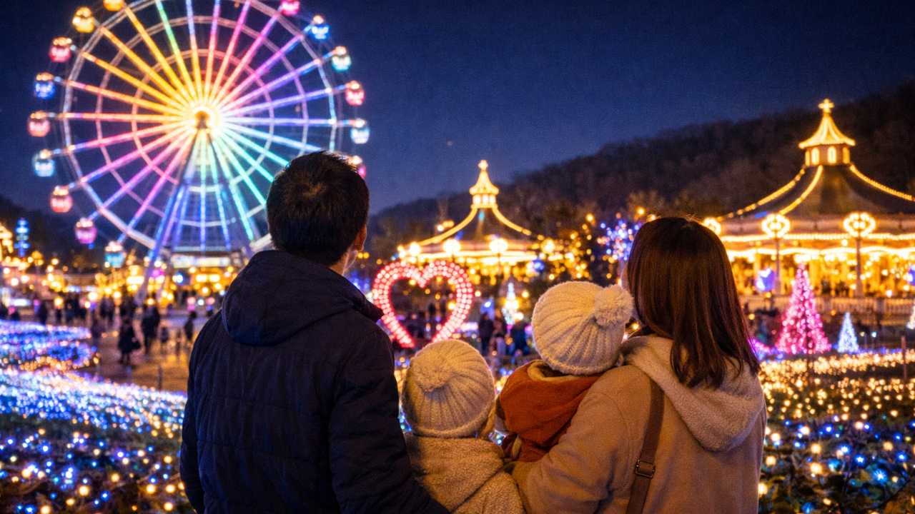子連れファミリーが夜の遊園地イルミネーションを見上げる様子