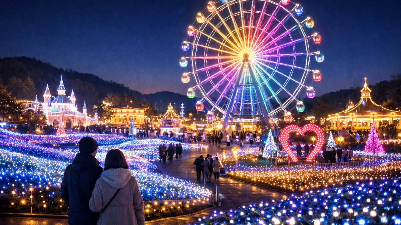 広島県福山市のみろくの里をモチーフにした冬のイルミネーション風景、夜の遊園地