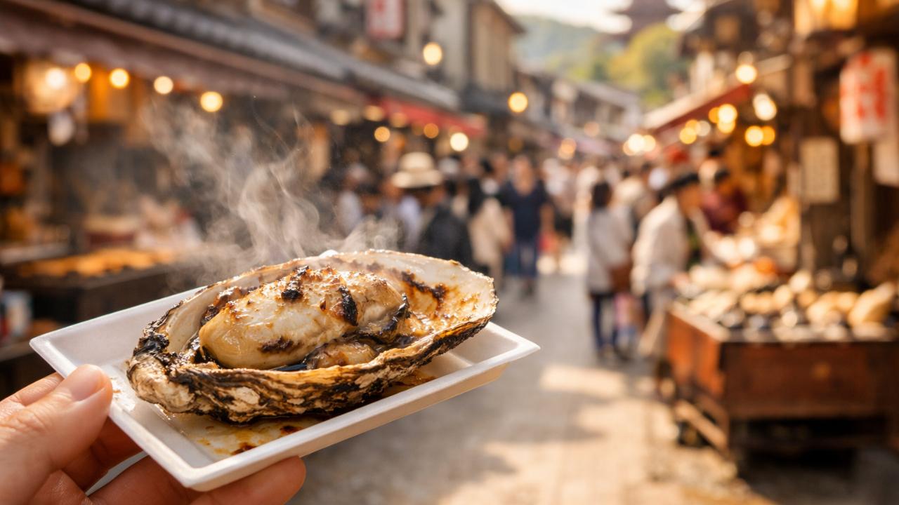 宮島の表参道商店街で、焼きたての牡蠣を食べ歩きする旅の高揚感が伝わるアイキャッチ