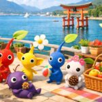 宮島らしい海景色を背景に、手前に「ピクミンテラス in 宮島SA」を連想させるカラフルで楽しい旅の雰囲気