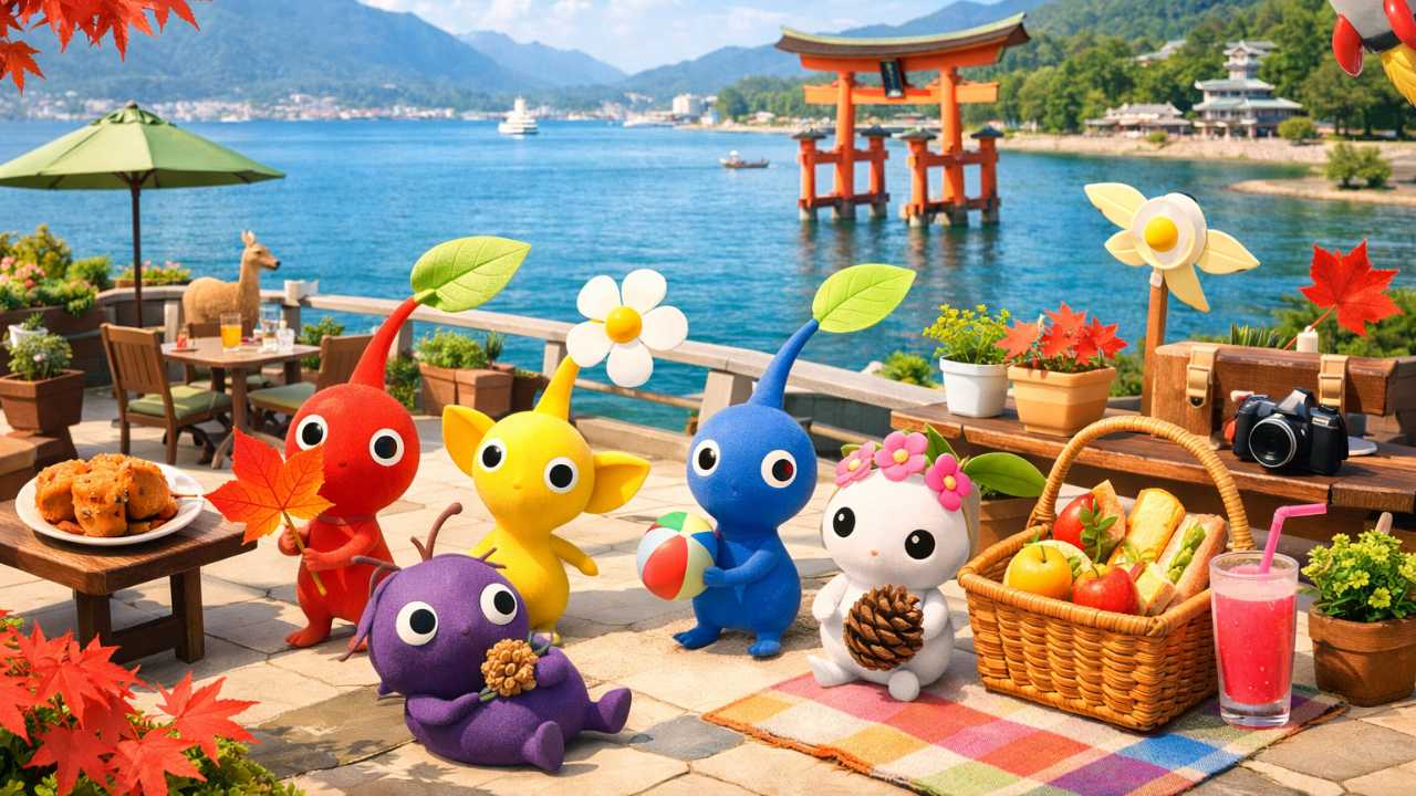 宮島らしい海景色を背景に、手前に「ピクミンテラス in 宮島SA」を連想させるカラフルで楽しい旅の雰囲気