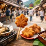宮島表参道商店街を背景に、焼き牡蠣、揚げもみじ、もみじ饅頭、あなご系グルメが自然に並ぶ旅行ブログ用アイキャッチ