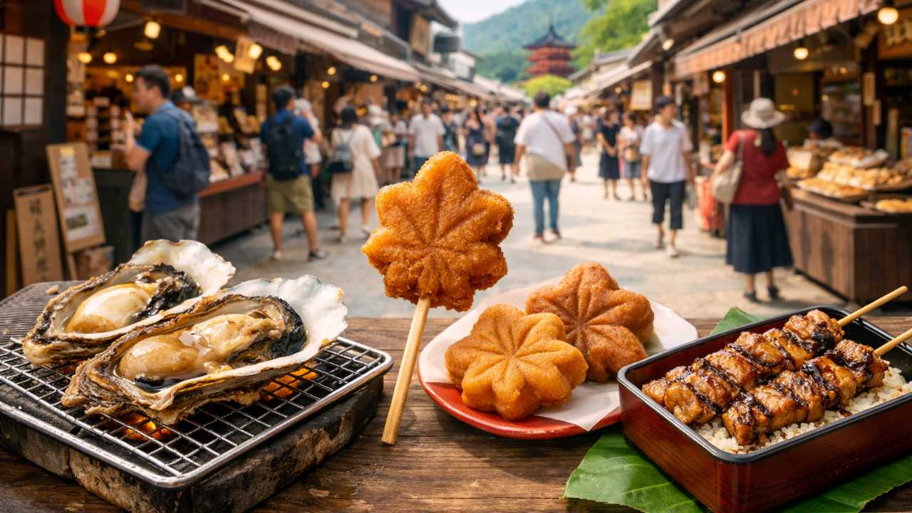 宮島表参道商店街を背景に、焼き牡蠣、揚げもみじ、もみじ饅頭、あなご系グルメが自然に並ぶ旅行ブログ用アイキャッチ