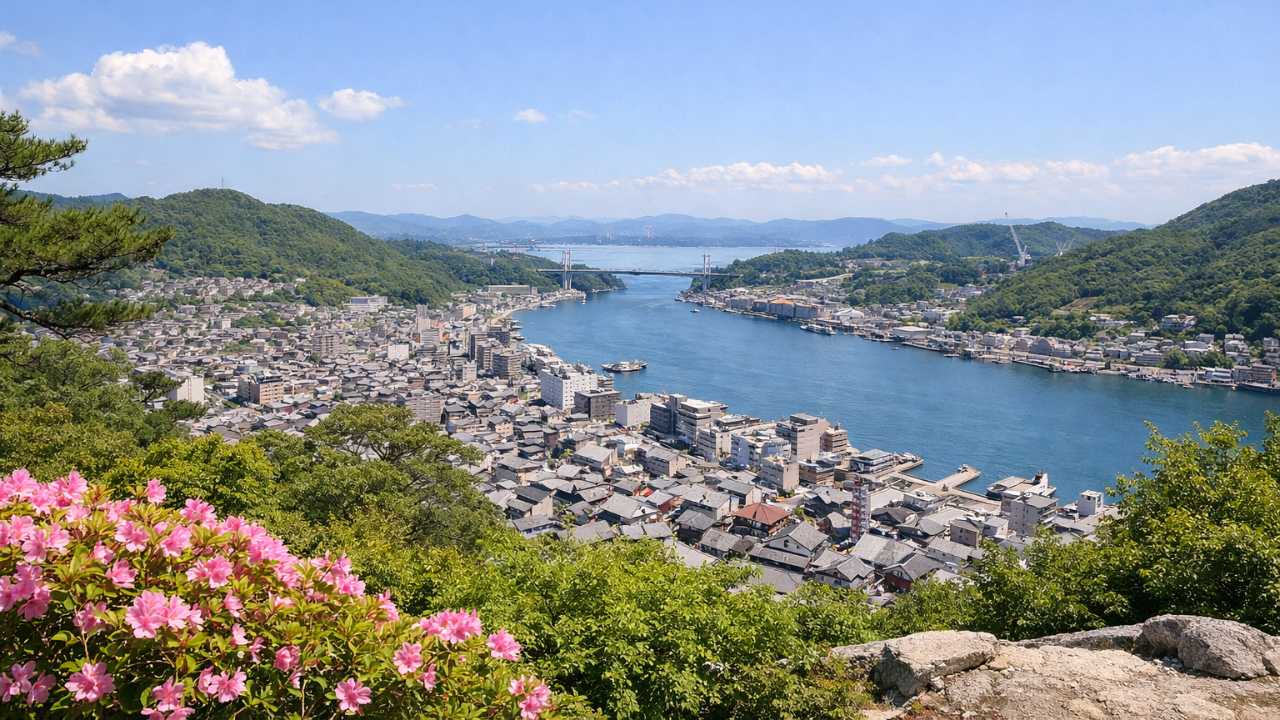 尾道の千光寺公園周辺を見下ろす高台からの景観、春から初夏の明るい昼間、尾道水道と街並みが見える