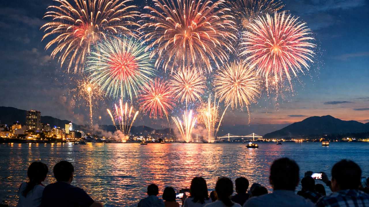 広島の海辺の夜景を背景に、瀬戸内海越しに大輪の花火が何発も打ち上がる瞬間