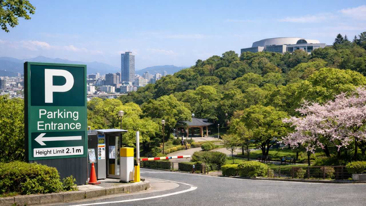 春から初夏の比治山公園。駐車場入口の案内看板が見え、背景に広島市街と緑豊かな公園