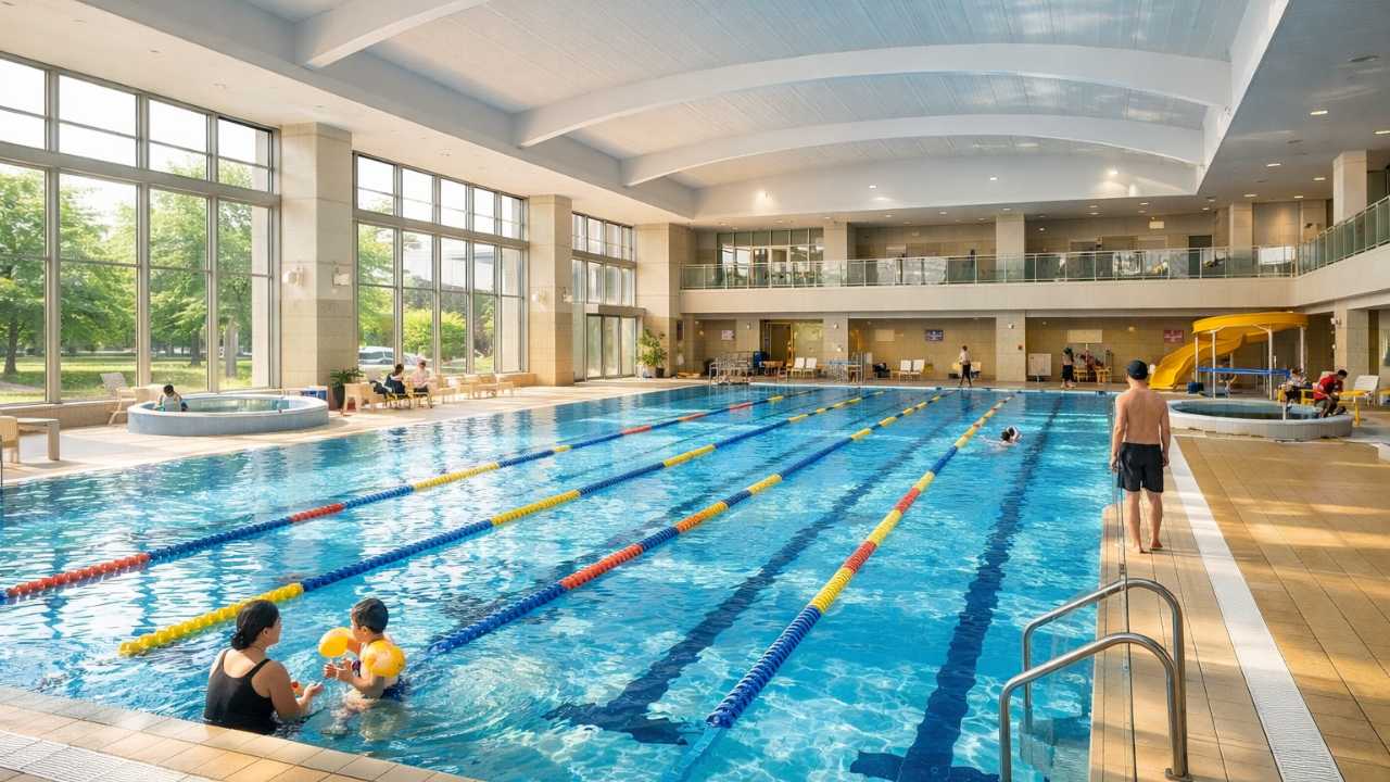 広島の公共屋内プールをイメージした明るく清潔感のある indoor swimming pool