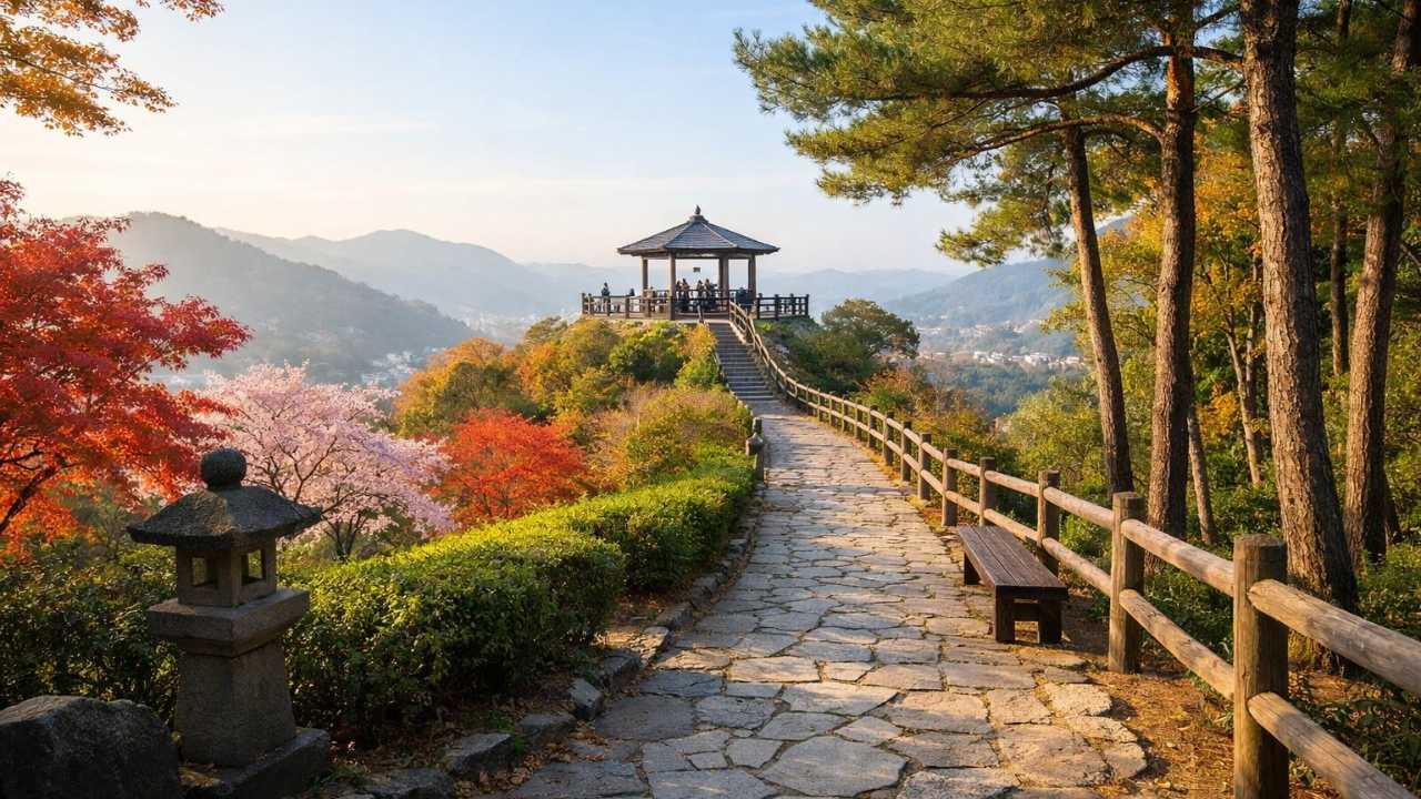 広島県三次市の尾関山公園を実写風の写真として表現。小高い公園の自然、整った散策路、奥に見える展望スポット