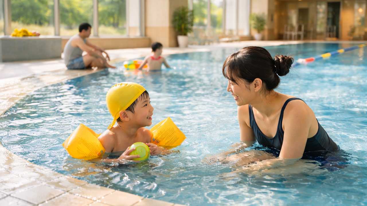 子ども連れでも安心して使える浅めの屋内プール、親子が穏やかに過ごしている様子