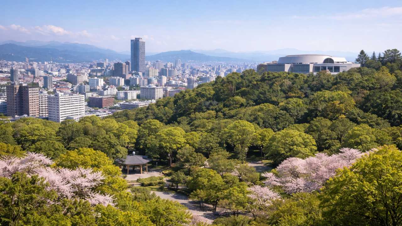 比治山公園全体と広島市街を見渡せる風景画像