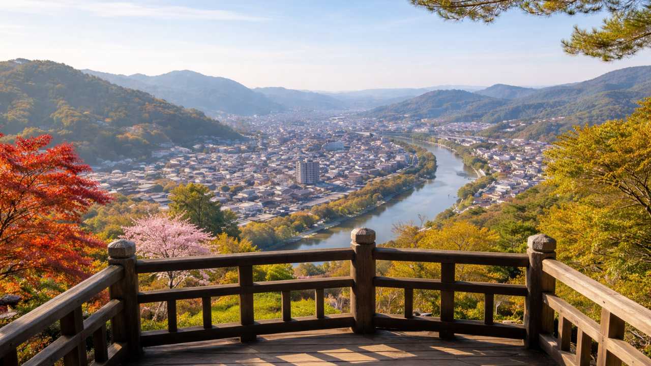 尾関山公園の展望台から三次市街地を見渡す実写風写真