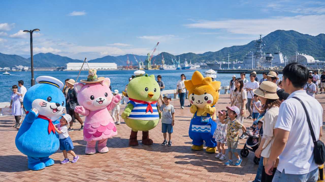広島県呉市の大和波止場を舞台に、青い海と港の景色を背景に、全国のご当地キャラクターが集まる明るく楽しいブログ用アイキャッチ