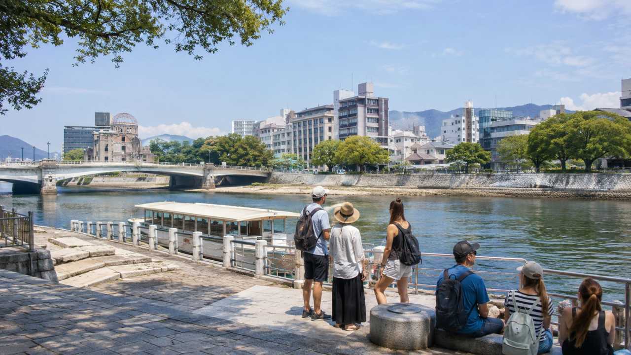 元安橋桟橋付近で乗船を待つ観光客と川沿いの景色、広島の穏やかな街並み、実写風写真