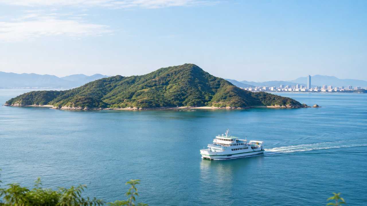 広島湾に浮かぶ似島をテーマにしたブログ用アイキャッチ画像。穏やかな瀬戸内海、緑の山、遠くに広島市街、手前に白いフェリーが進む構図