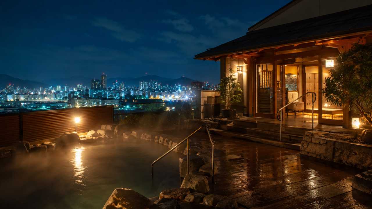 広島の夜景を背景に、落ち着いた雰囲気のスーパー銭湯・スパ施設を写したブログ用アイキャッチ画像