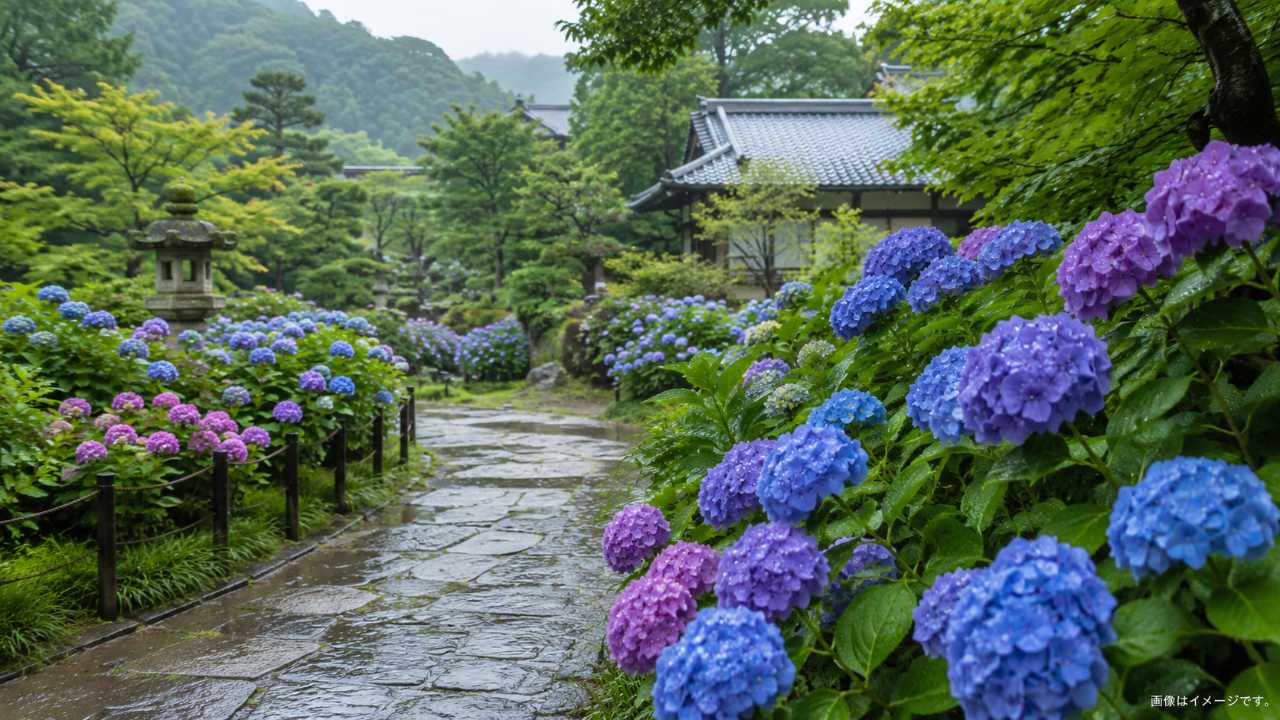 広島県三原市の日本庭園で初夏のアジサイが咲き誇るブログ用アイキャッチ