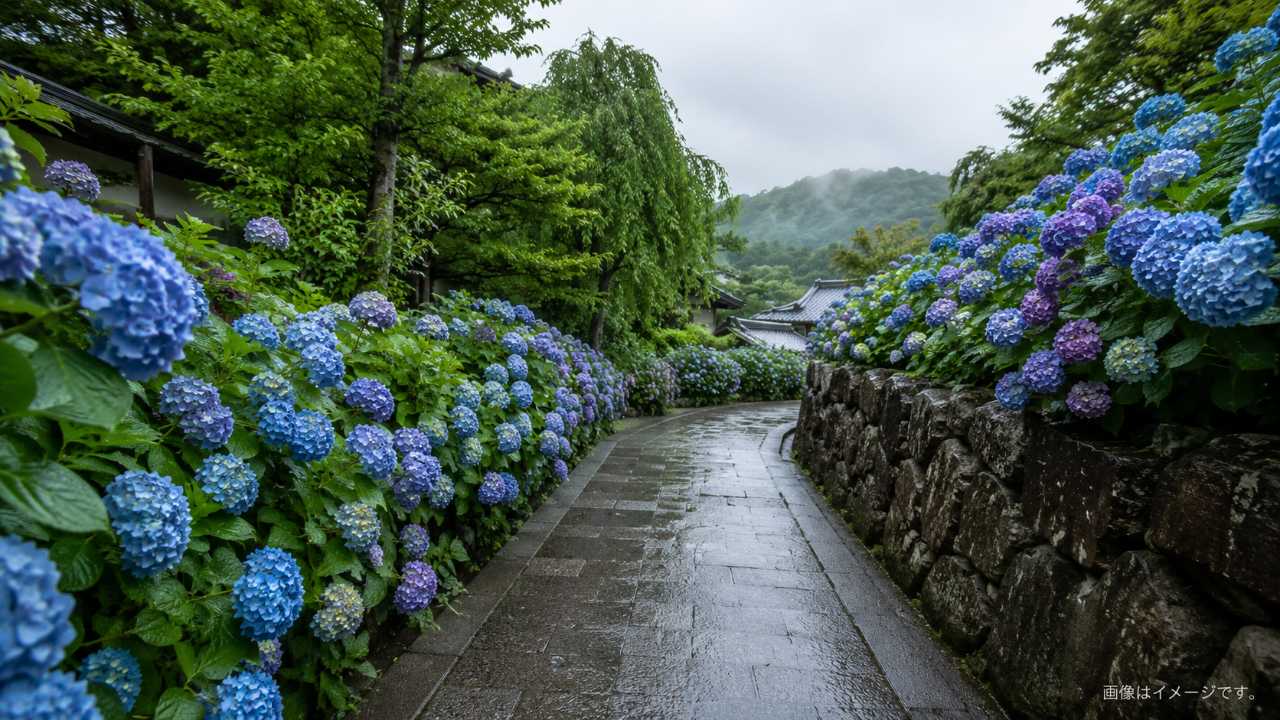 日本庭園の石垣沿いに青と紫のアジサイが広がる散策路、梅雨の曇り空、落ち着いた写真風