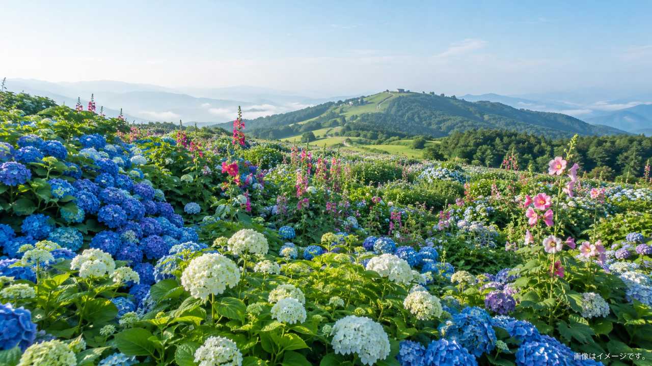 広島県世羅高原の初夏をイメージした広い丘に、青紫のあじさい、白いアナベル、ピンクのタチアオイが自然に咲き広がる写真