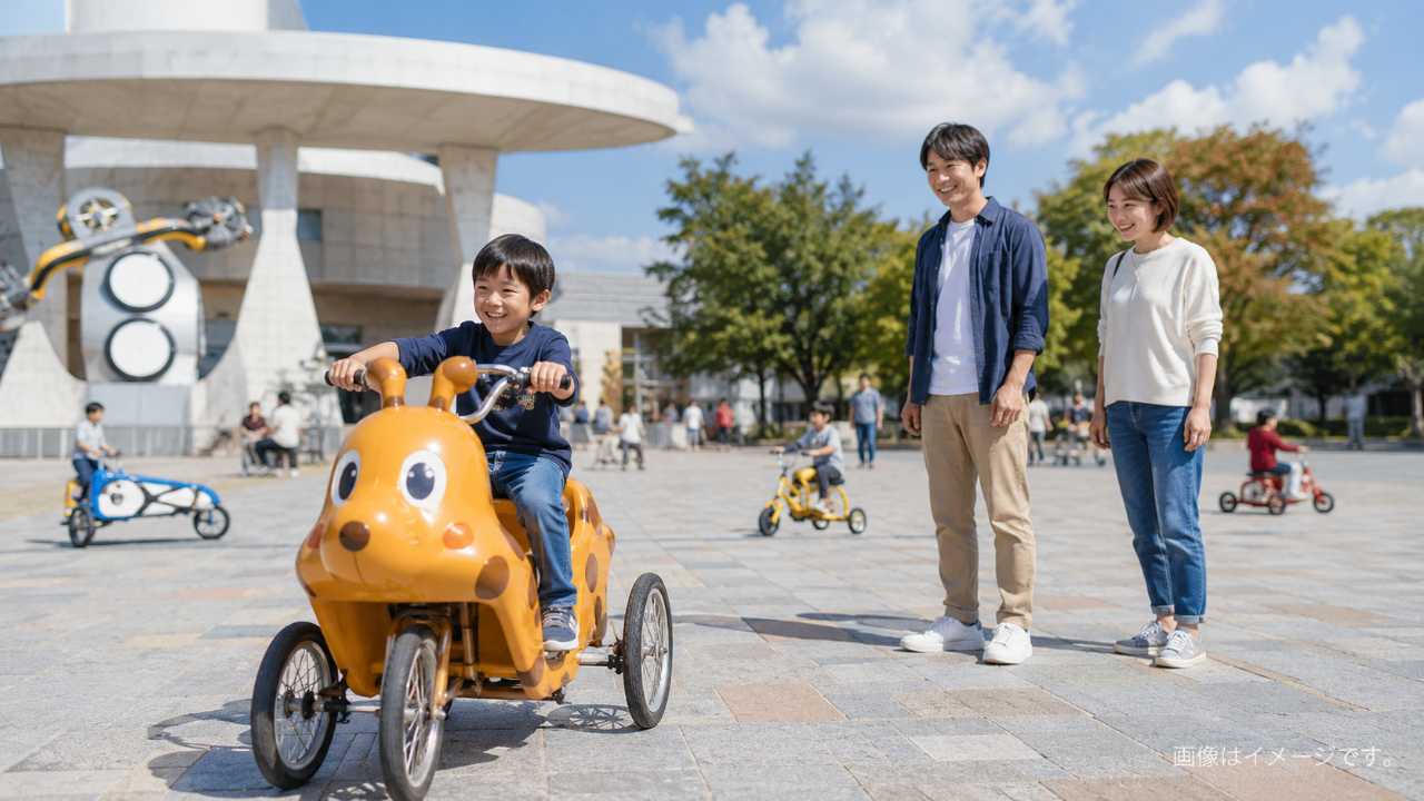 屋外広場で子どもがおもしろ自転車を楽しむイメージ