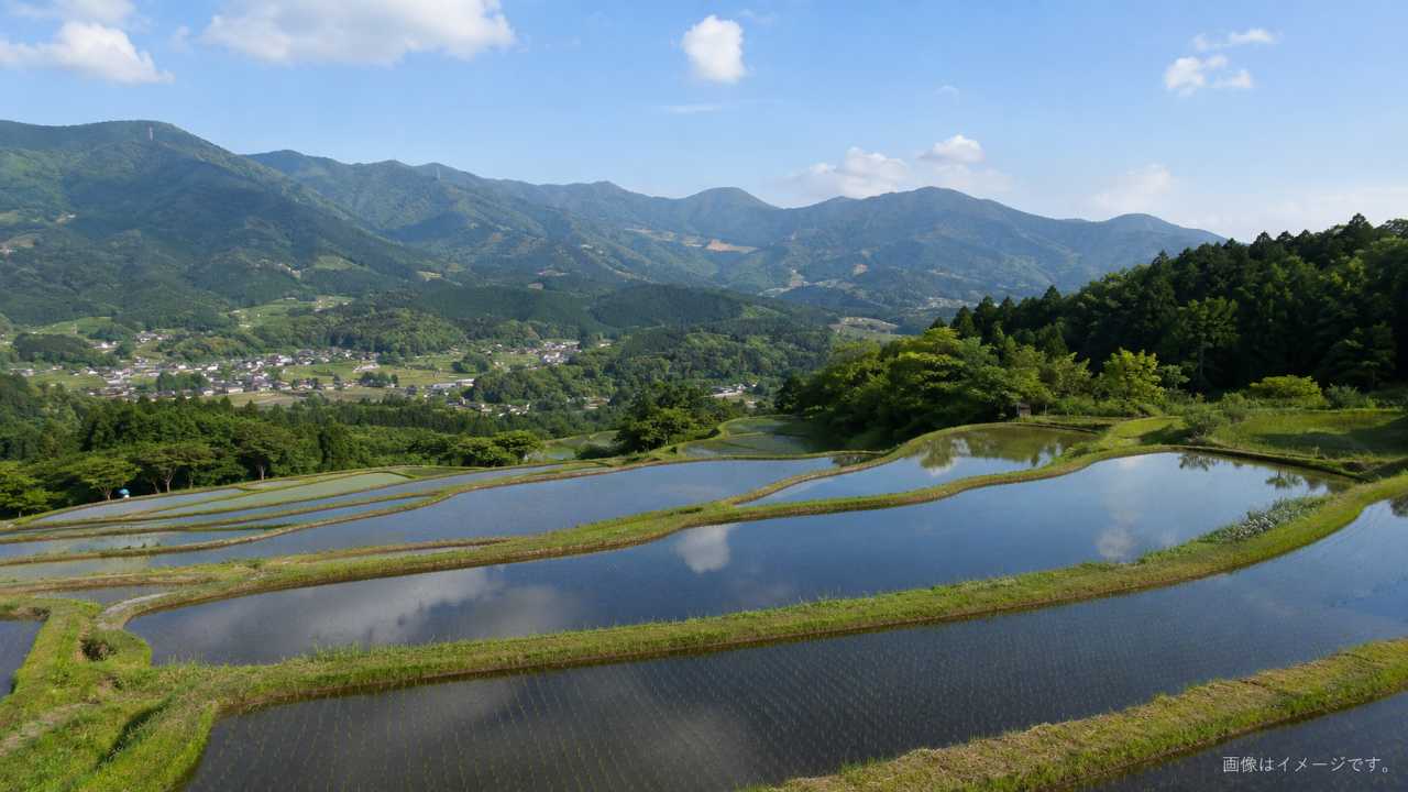 水張りの季節の井仁の棚田、田んぼの水面に青空と山が映り込む静かな風景