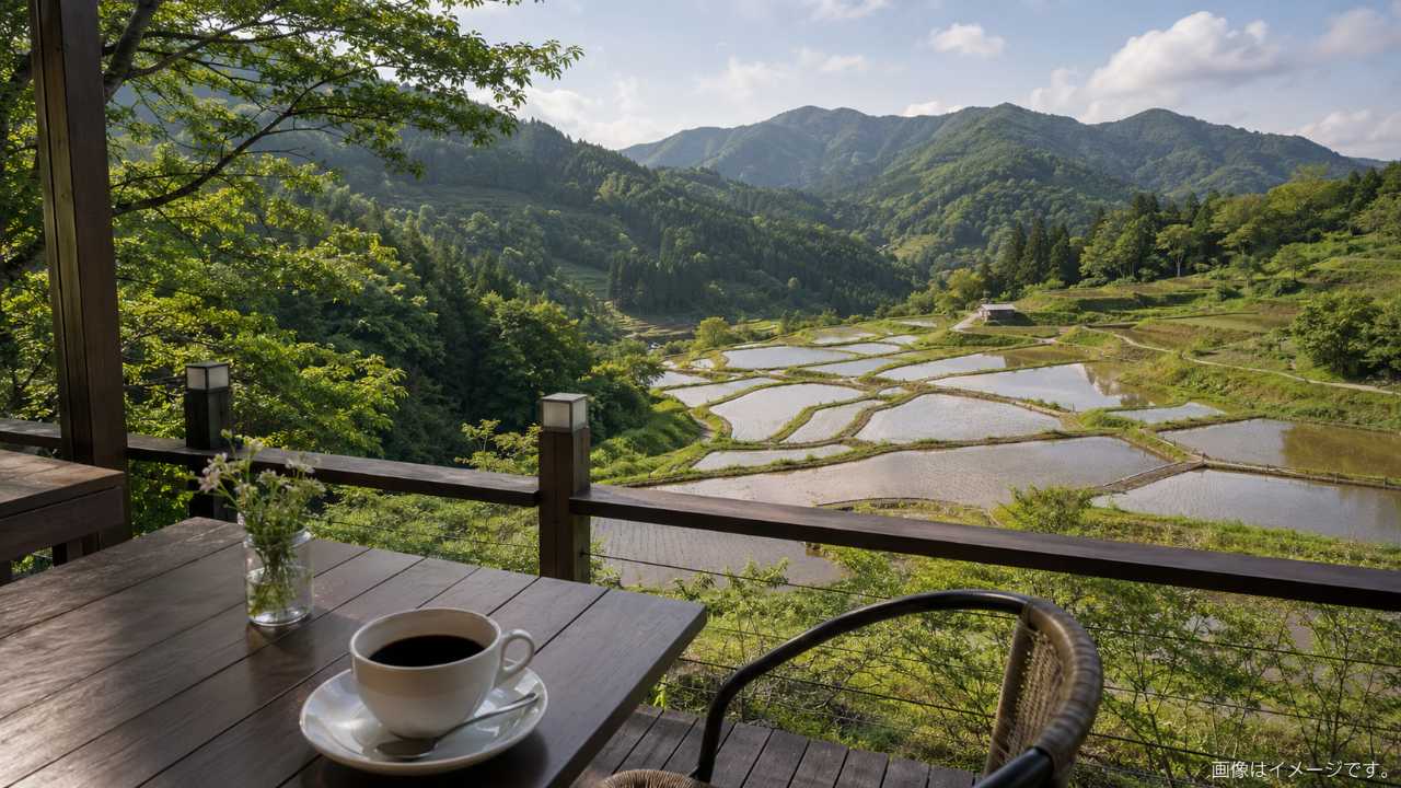 井仁の棚田を見下ろすカフェテラス風の構図