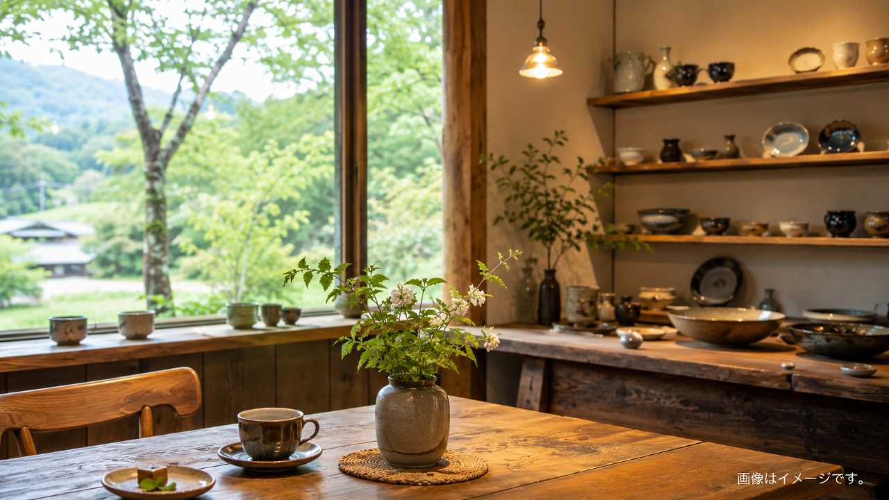 広島県安芸太田町の里山にある陶芸ギャラリーカフェをイメージした写真風アイキャッチ