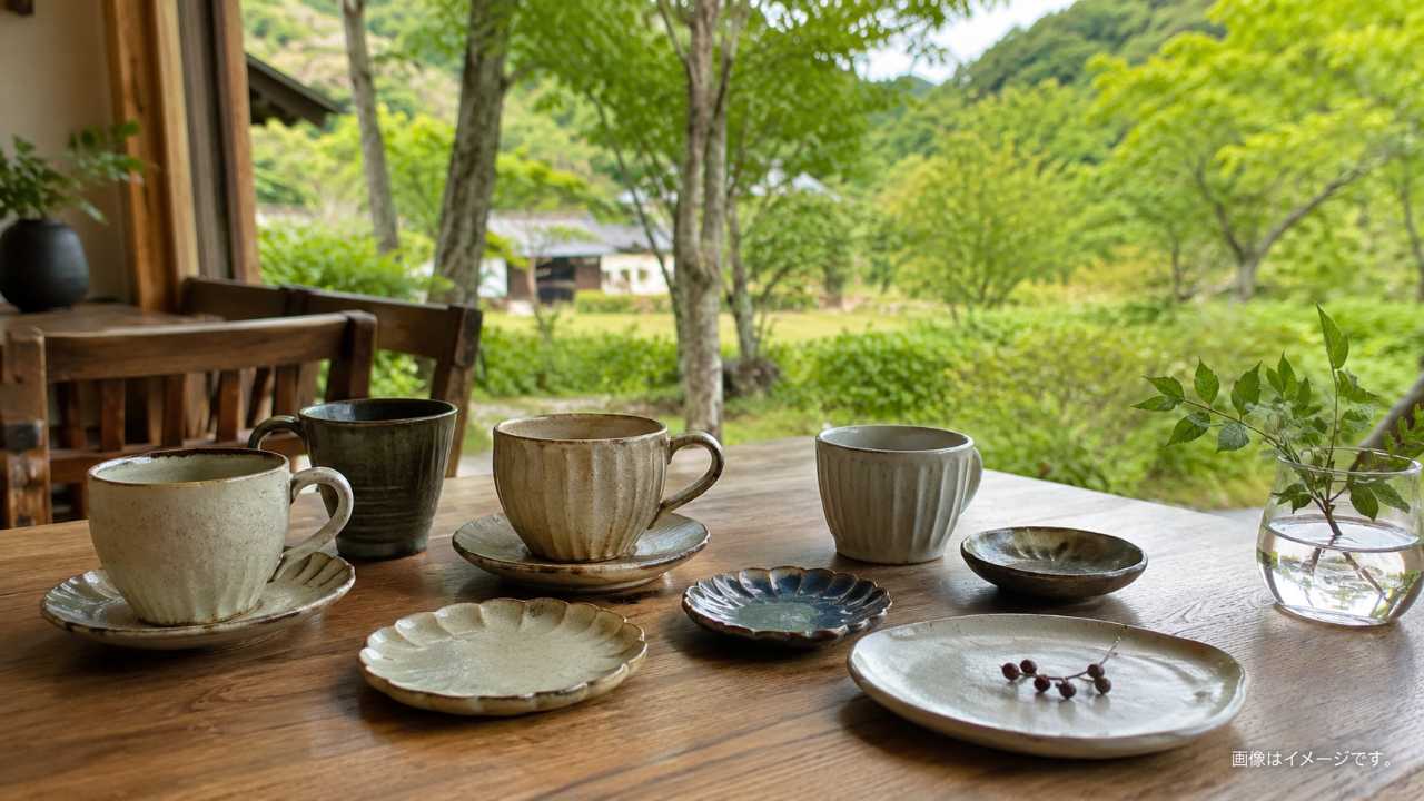 手作りの陶器カップと小皿が木製テーブルに並ぶカフェシーン