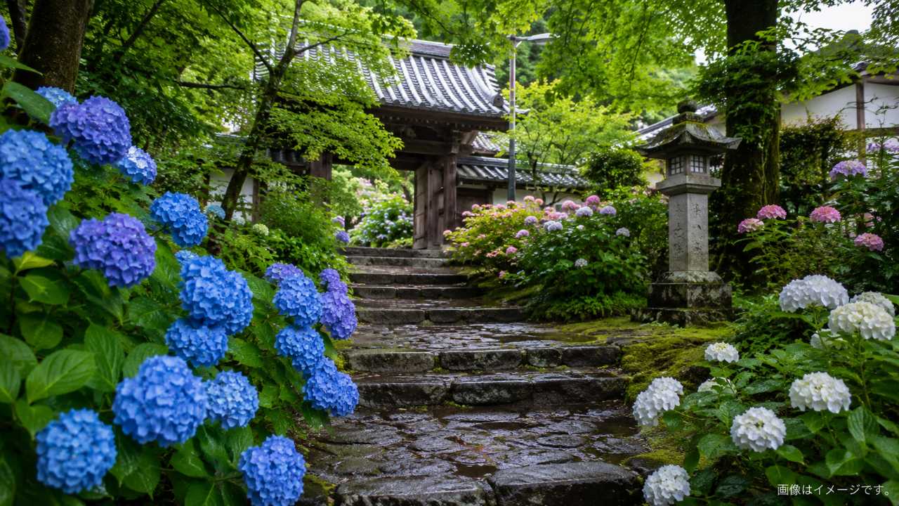 広島県府中市の静かな寺院の境内に、青、紫、白、ピンクのあじさいが咲き誇る初夏の風景。雨上がりのしっとりした空気、石段、緑の木々、落ち着いた寺院の雰囲気