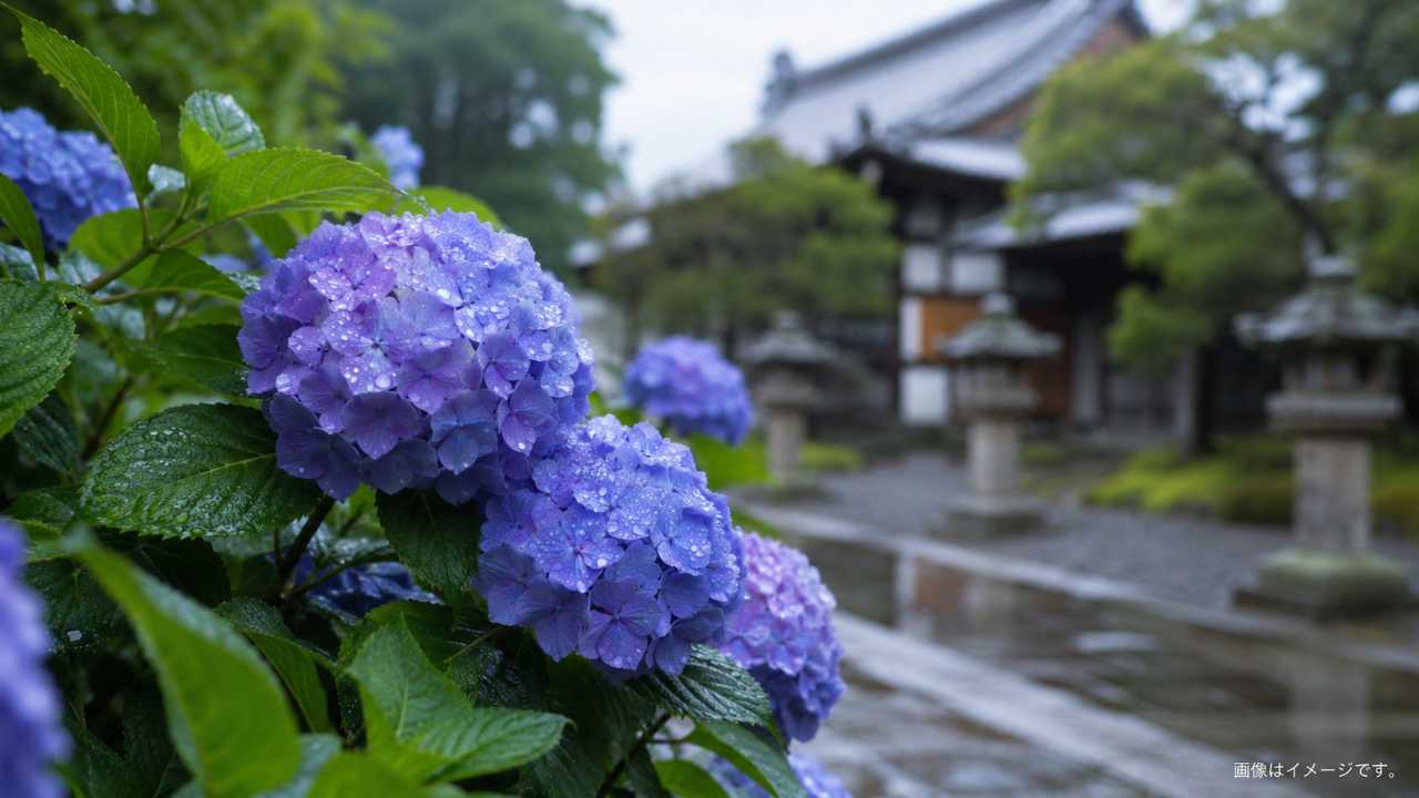雨上がりの寺院境内で、雨粒をまとった青紫のあじさいを近景で撮影した実写風写真