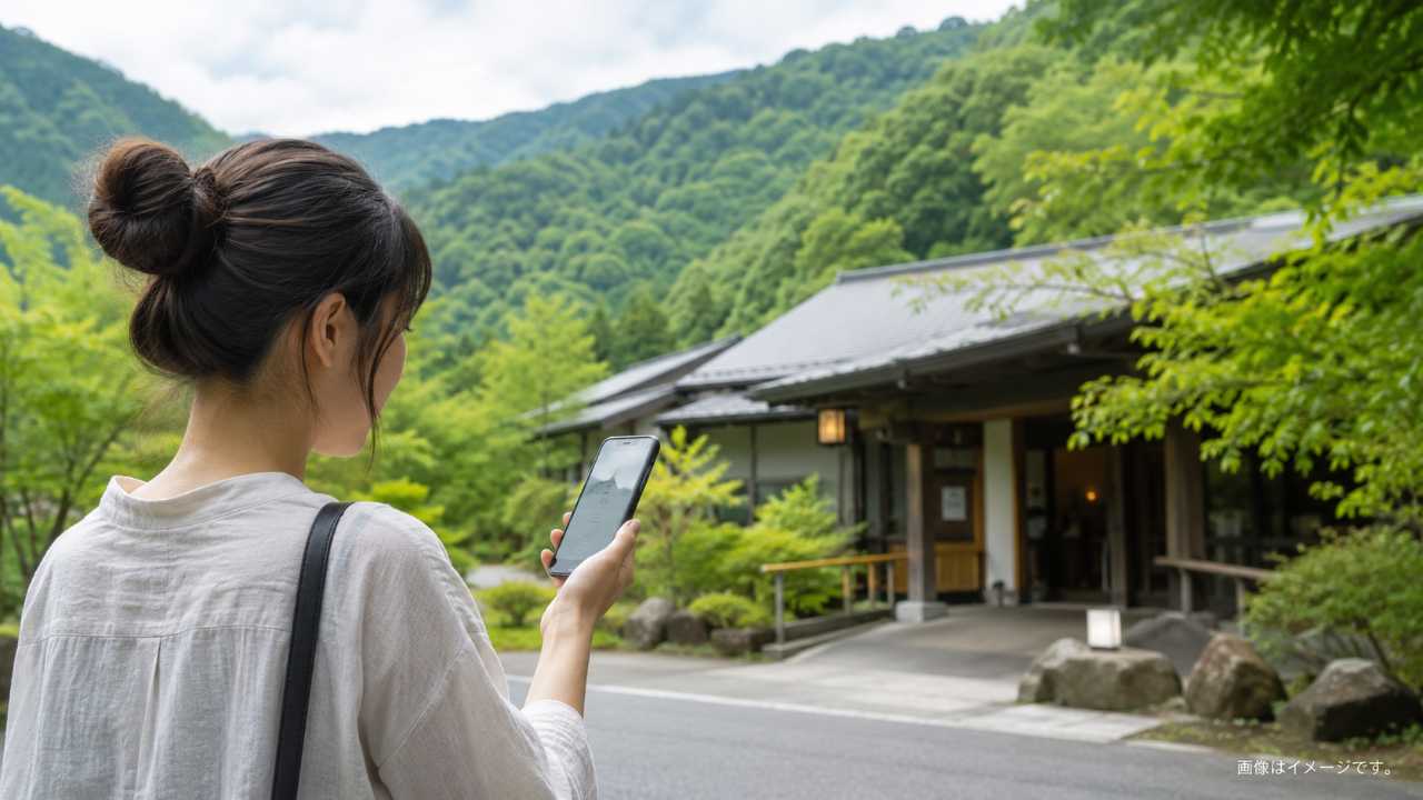 広島県世羅町の自然に囲まれた温泉施設をイメージしたブログ用アイキャッチ。手前にスマートフォンで営業状況を確認する旅行者