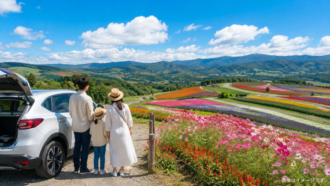 世羅高原の花畑を車で巡る観光イメージ